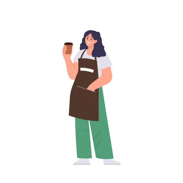 Vector illustration of Young female barista preparing hot takeaway coffee for client isolated on white background