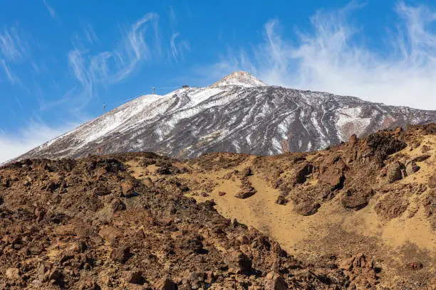 Photo of Snow-dusted Teide mountain over brown lava, Canary island of Tenerife, Spain