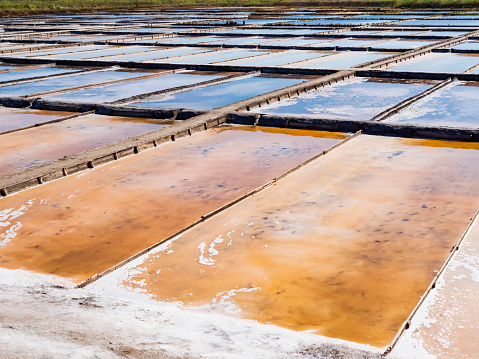 Traditional salt extraction camp with colored ponds, Aveiro, Portugal