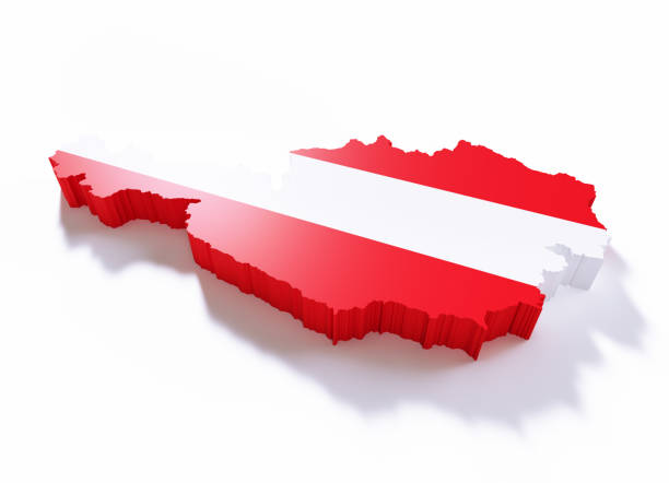 International border of Austria textured with Austrian flag on white background. Horizontal composition with clipping path and copy space.