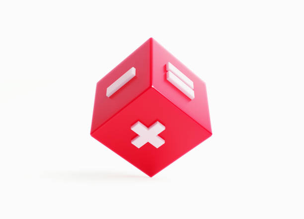 Plus minus and equal symbols written red cube on white background. Horizontal composition with copy space.