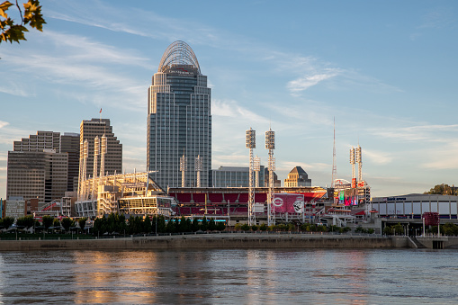 Downtown Cincinnati featuring Great American Ball Park, home of the Cincinnati Reds, early evening, from across the Ohio River.