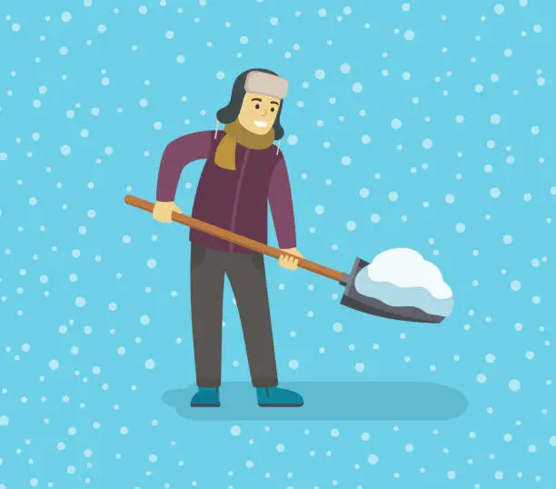 Vector illustration of Isolated young man removing snow with a shovel.