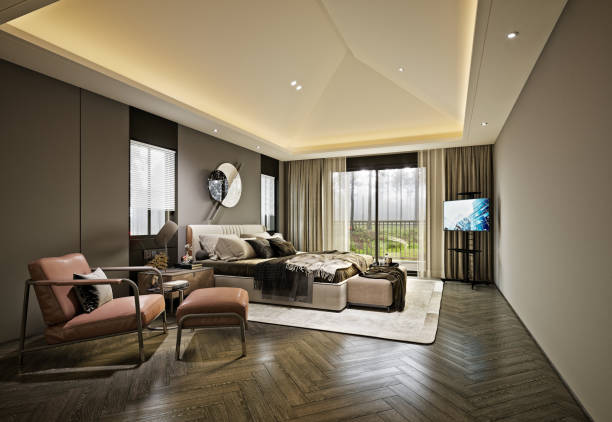 istock Luxury and modern hotel suite, bedroom. 3d rendering 1486819033