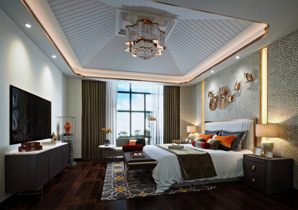 istock Luxury and modern hotel suite, bedroom. 3d rendering 1486819212