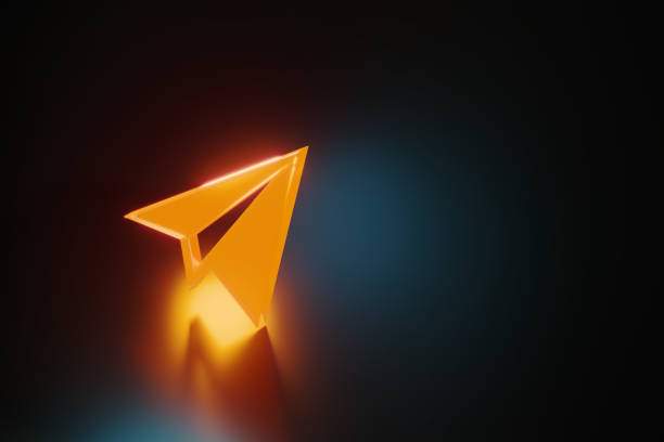 istock Orange Plane Symbol Glowing  On Black Background 1486820204