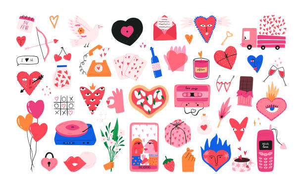 Set of hand drawn Valentine's day quirky elements - cartoon flat vector illustration isolated on white background. Set of hand drawn Valentine's day quirky elements - cartoon flat vector illustration isolated on white background. Colorful love symbols - hearts with funny faces, pizza in shape of heart, music tape. valentine symbols cartoon stock illustrations