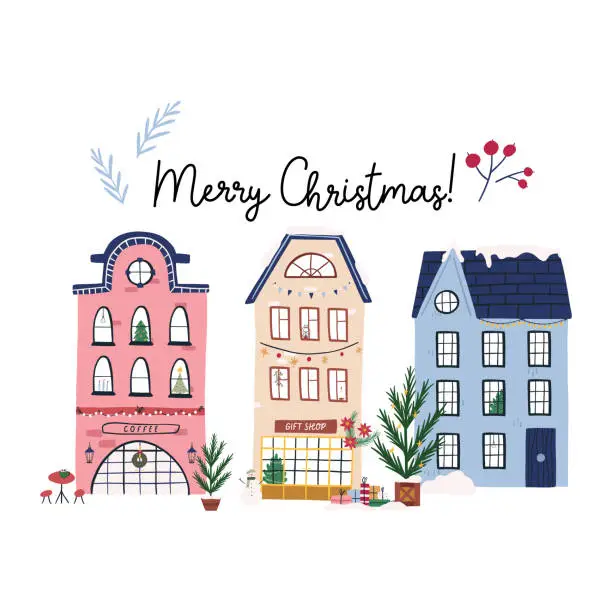 Vector illustration of Merry Christmas greeting card with cute hand drawn houses, flat vector illustration isolated on white background.