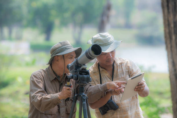 woman standing and using binoculars for birdwatching in nature. She wears a camouflage shirt layered with appears focused on observing birds in the distance. The surrounding environment is lush and green, with a backdrop of dense trees and natural.