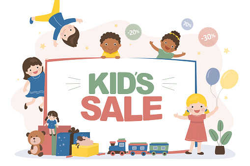 Group of multiethnic children stand near large placard - kids sale. Promotion campaign, marketing. Toy store is having sale. Discounts on children goods and toys. Kids happy with new purchases. vector