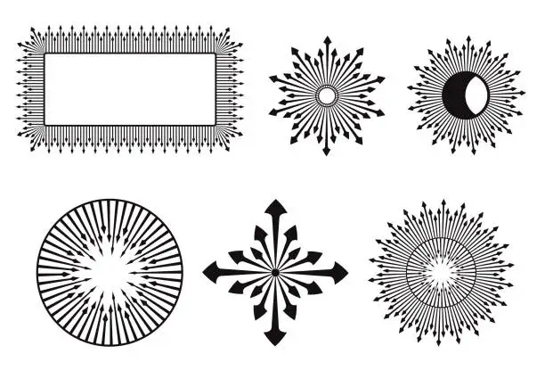 Vector illustration of Decorative frame, stars, sun, moon Black arrow pattern