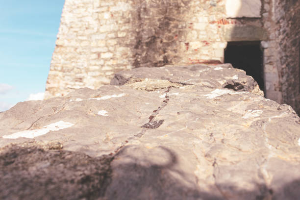 Low angle view of a stone wall leading to an entrance. Copy space.