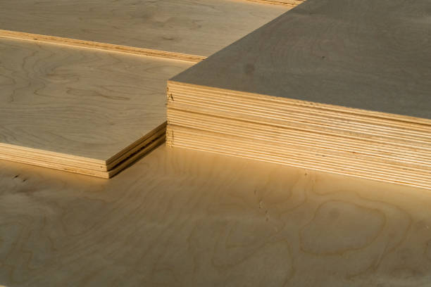 Plywood sawn into rectangular parts close-up