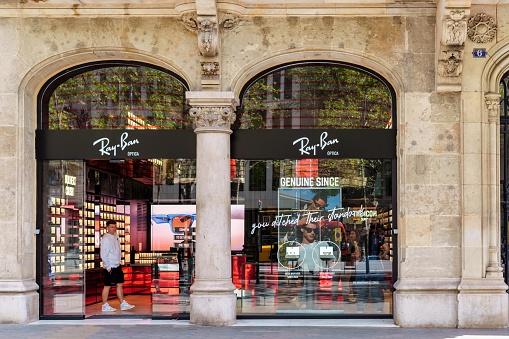 Barcelona, Spain-April 24, 2023. Ray-Ban is an American-Italian brand of sunglasses and luxury eyewear founded in 1937 by Bausch Lomb. The brand is best known for its Wayfarer sunglasses and aviator