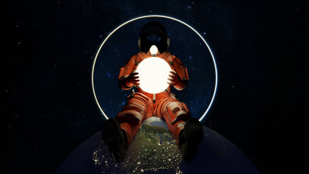 istock Astronaut sits on planet earth and hold glow star planet in hands. Cosmonaut in space, exploration of outer space, exploration of the Moon. Nebulae stars and galaxies in background. 3d render 1486830376
