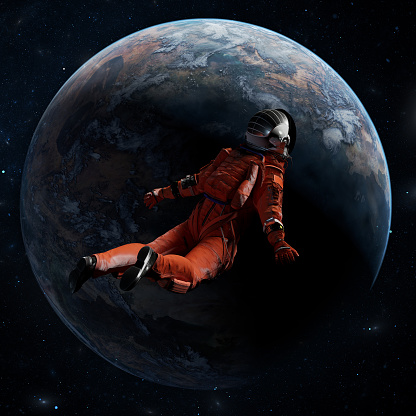 Flight of astronaut in space in zero gravity. Discovery of new planets, space exploration. Astronaut explores  exoplanet. 3d render