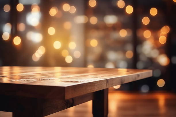 istock Empty wooden table platform and blurred background bokeh of at bar restaurant at night 1486832178