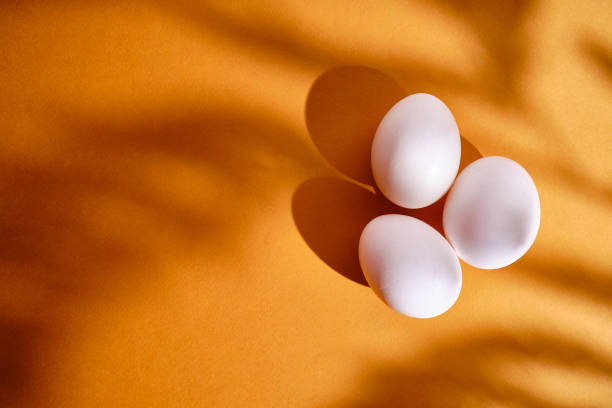 Chicken eggs on an orange background. Natural organic farm product. Preparation for the Easter holiday. Fresh food delivery, carton packaging. Raw materials for cooking