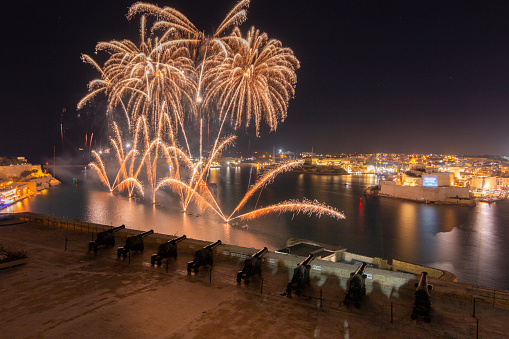 New years fireworks display over the Atlantic promenade in Taurito, Gran Canaria. Spain.