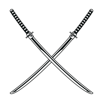 Crossed katana swords vector. Black and white Japanese swords isolated on white.