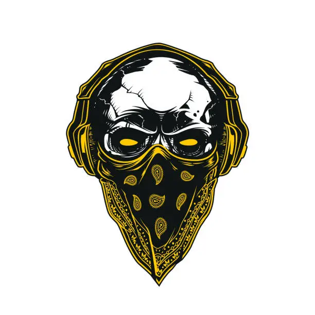Vector illustration of Skull in Bandana and Headphones