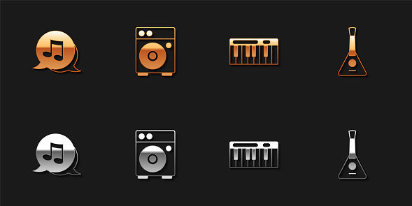 Set Music note tone Guitar amplifier synthesizer and Balalaika icon. Vector.