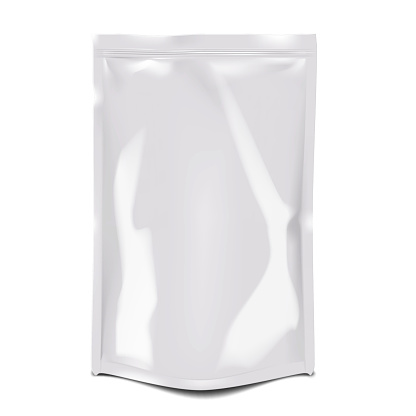 White glossy resealable zip lock plastic bag vector mock-up. Empty blank zipper stand-up pouch realistic mockup. Food package template
