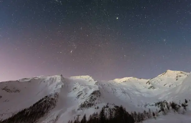 Snowy mountain range in wintertime with a beatiful stary sky