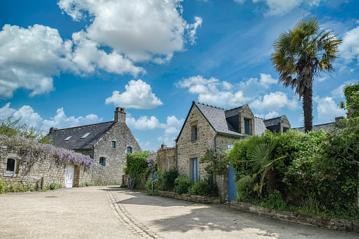 Brittany, Ile aux Moines island in the Morbihan gulf, small street and beautiful houses in the village