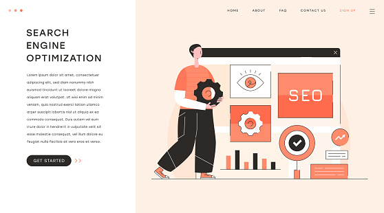 This monochrome vector illustration features a man standing next to a web page with various SEO related objects such as a magnifying glass, keywords, rankings, and website analytics. It highlights the importance of search engine optimization in increasing website visibility and attracting more visitors.
