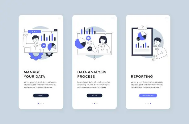 Vector illustration of Data Management and Analysis Mobile Screen Templates