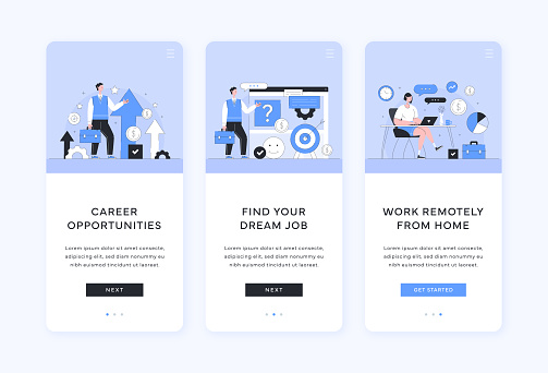 This set of three mobile screen templates features vector illustrations related to career development, including career opportunities, finding your dream job, and working remotely from home. Each illustration showcases a professional holding a briefcase and surrounded by relevant objects such as upward arrows, dollar signs, charts, and speech bubbles. Use these templates to enhance your career-related mobile designs and presentations.