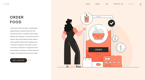This monochrome vector illustration features a woman standing next to a giant smartphone, ordering food from an app or website. The smartphone screen shows food items and related elements, while the woman holds a wallet or credit card to complete the transaction.