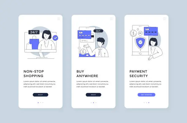 Vector illustration of Mobile Shopping Concepts - Non-Stop Buying, Anywhere Access, and Payment Security