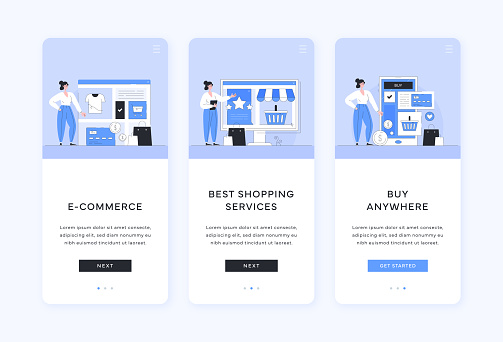 This vector file contains three illustrations showcasing the best shopping services and a seamless e-commerce experience. The illustrations depict people using mobile devices to shop online and make purchases from anywhere. Each illustration includes topic-related objects and design elements.