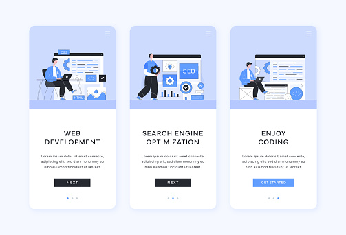 Enhance your website's online presence with these mobile screen templates designed for web development and search engine optimization. These templates feature design elements and objects related to coding, website building, and SEO strategies.