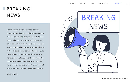This vector illustration features a woman holding a megaphone, announcing breaking news. Behind her is a bold and attention-grabbing 