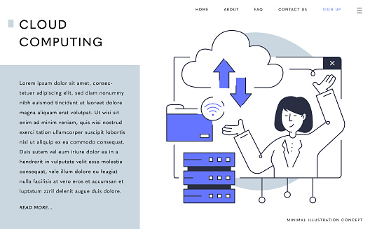 This vector illustration depicts a woman standing in front of a cloud with an arrow symbolizing data transfer, along with a file folder and a database server. The design is perfect for a landing page related to cloud computing technology and services.