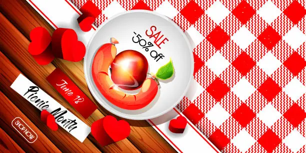 Vector illustration of Street food day celebration concept in cartoon style. International picnic day. A plate with sausage and an apple on wooden panels against the background of a cotton checkered plaid with hearts.