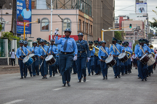 Maputo, Mozambique - May 01, 2023: Police Band Performs on the Streets in Blue Uniforms