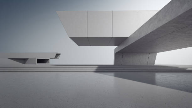 istock Abstract architecture design of modern building. Empty parking area floor and concrete wall with blue sky view. 1486851585