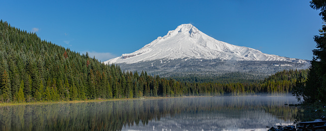 Mt. Hood, Oregon, USA - October 27, 2022:  Views of Mt. Hood Lake Trillium and surrounding forests.