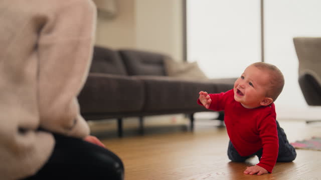 Mother playing with her small baby in living room at home