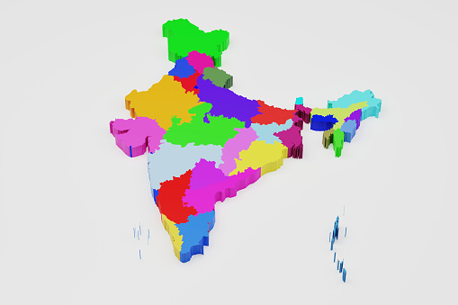 Map of Republic of India with states. Digitally generated 3d image. Isolated on white background.