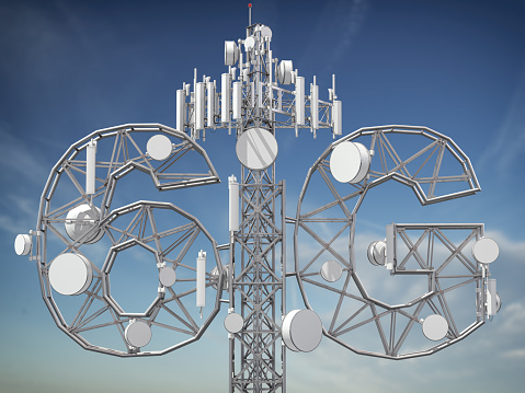 6G telecommunication tower. Antenna radio transmittors of cellular 6G. 3d illustration