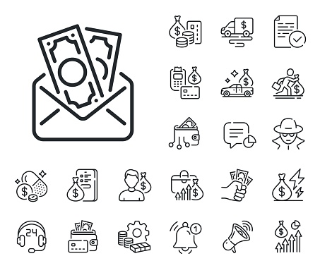 Money fraud crime sign. Cash money, loan and mortgage outline icons. Bribe line icon. Cash envelope symbol. Bribe line sign. Credit card, crypto wallet icon. Inflation, job salary. Vector