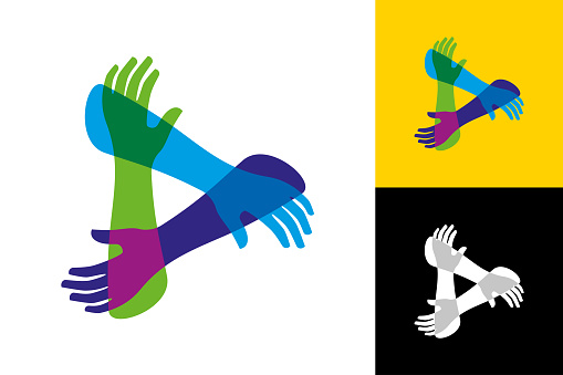 Vector Illustration of an elegant and colorful Three Human Hands Support Each Other Brand Company or other Institutional Concept.
