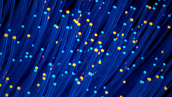 Fiber optic cables background. Digital wires and data transfer, network connection and big data flow concept
