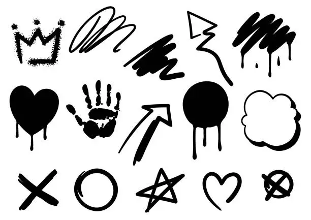 Vector illustration of Set of graffiti symbols. Cartoon abstract grunge creative image.