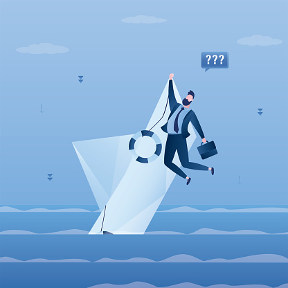 Hopeless businessman on shipwrecked. Stupid business leader holding to paper boat. Life or business stuck, struggle with problem or obstacle. Mistake cause hopeless situation, business difficulty.